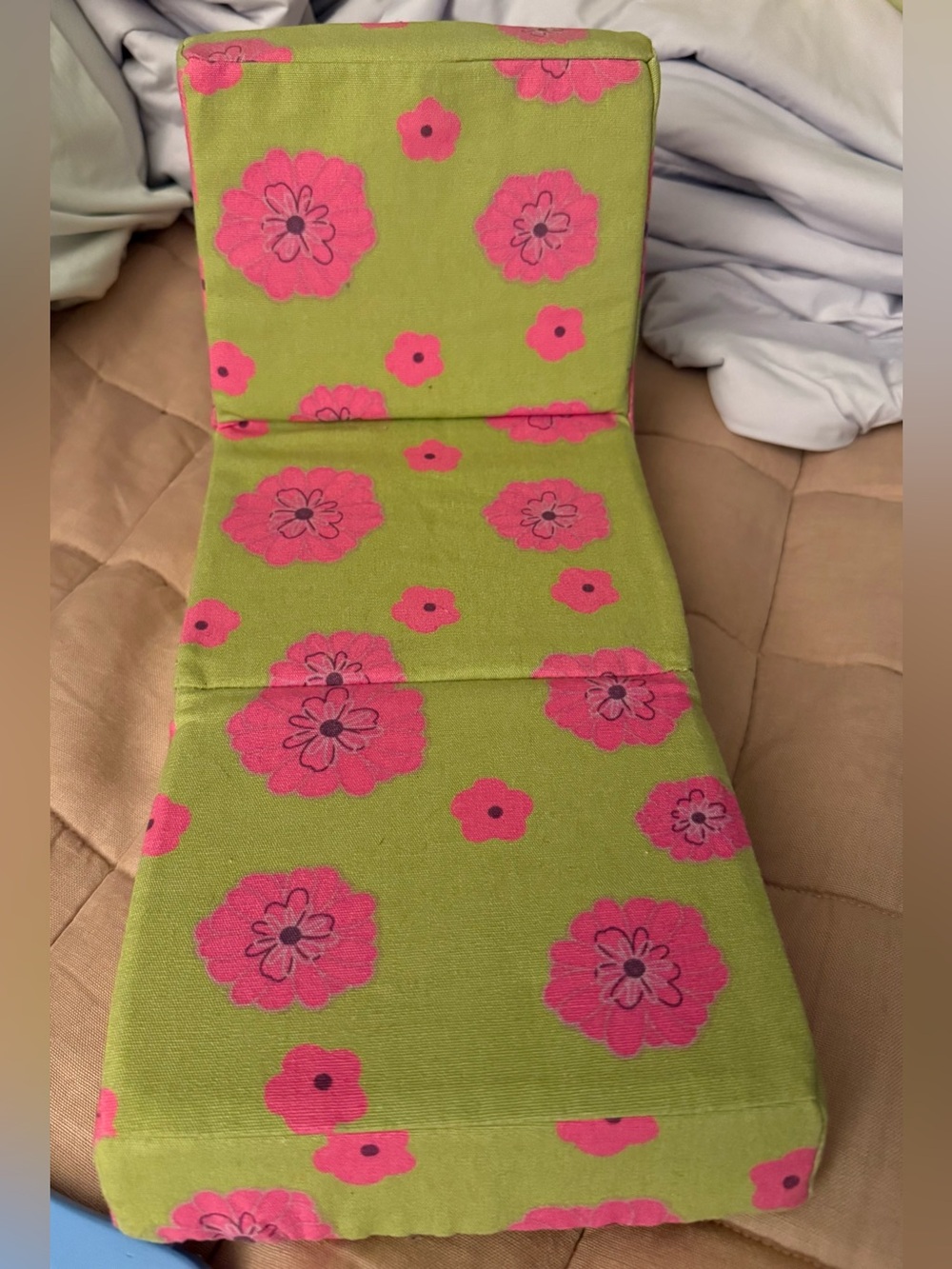American Girl Olive-Green Chair/Bed with Bright Pink Floral Pattern